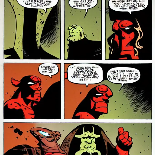 Prompt: a comicbook panel of hellboy, the style of mike mignola