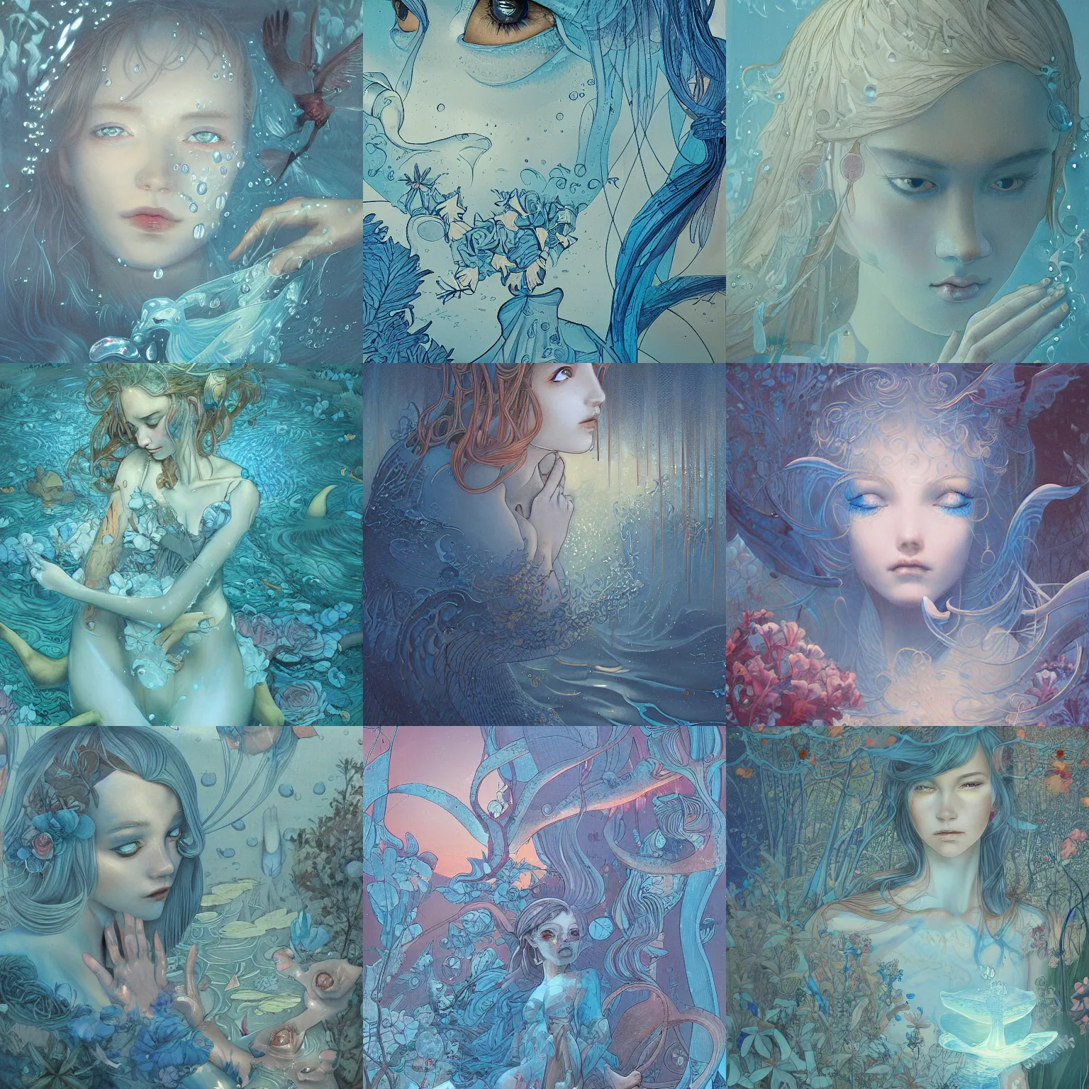 Prompt: closeup fantasy with water magic, at gentle dawn blue light, by james jean