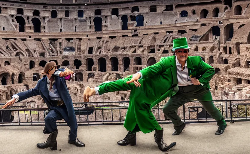 Image similar to inspector gadget fighting a leprechaun at the colosseum, with thousands of spectators