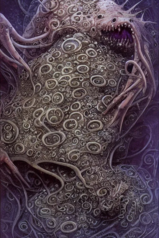 Image similar to eldritch biomechanical axolotl tentacle fish shoggoth, mouths, eyes, masterpiece, intricate, elegant, highly detailed, digital painting, smooth, sharp focus, illustration, art by james gurney, graeme base, brian froud, alan lee