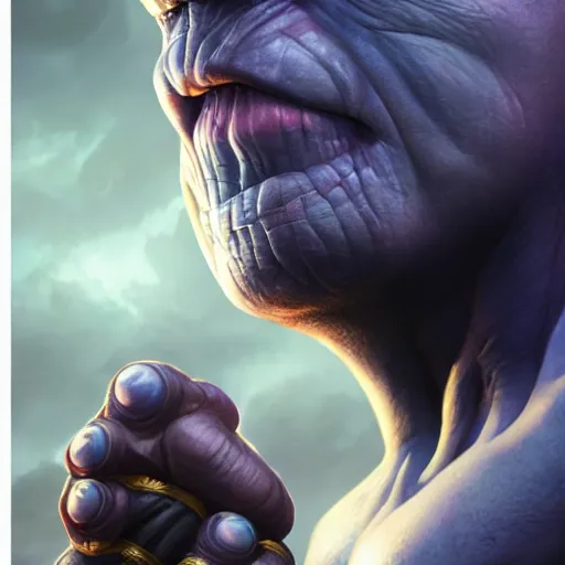 Image similar to characters portrait of Darkseid mixed with Thanos by ArtGerm and Tom Bagshaw, close up shot, merged character, Full body shot, cinematic opening shot, 4k, highly detailed, cinematic lighting