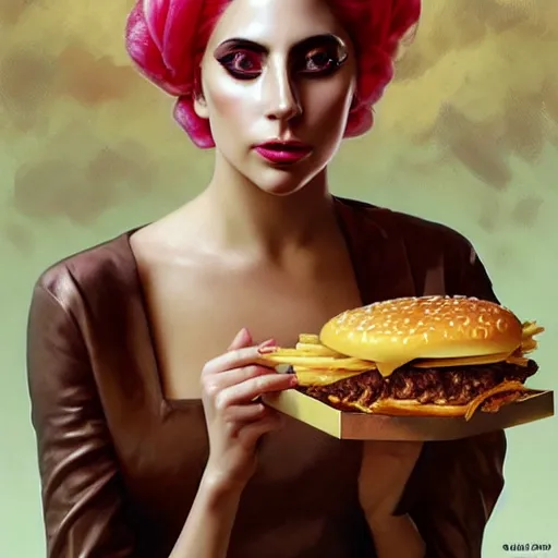 Prompt: portrait of Lady Gaga eating hamburgers, extra onions and ketchup, luscious patty with sesame seeds, feminine ethereal, handsome, D&D, fantasy, intricate, elegant, highly detailed, digital painting, artstation, concept art, matte, sharp focus, illustration, art by Artgerm and Greg Rutkowski and Alphonse Mucha