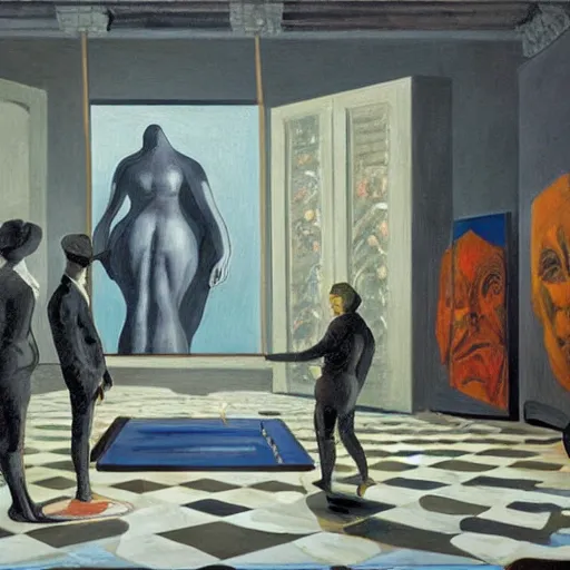 Image similar to oil painting, inside the museums, infinity goes up on trial, by paula rego, by de chirico, by magritte, by neo rauch