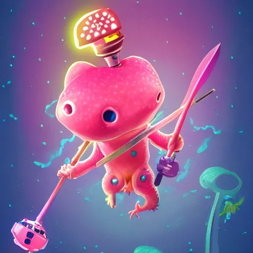 Image similar to uv-reactive fluorescent ultra-detailed anthropomorphic axolotl with a sword and a lantern, digital art, 4k HD, artstation HD