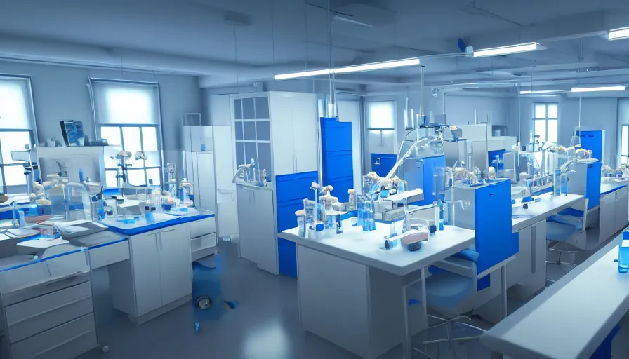 Prompt: a small biology laboratory, white and blue decorations in the room, colorful reagents and a microscope on the table. game cg, hyperdetailed, trending on cgsociety