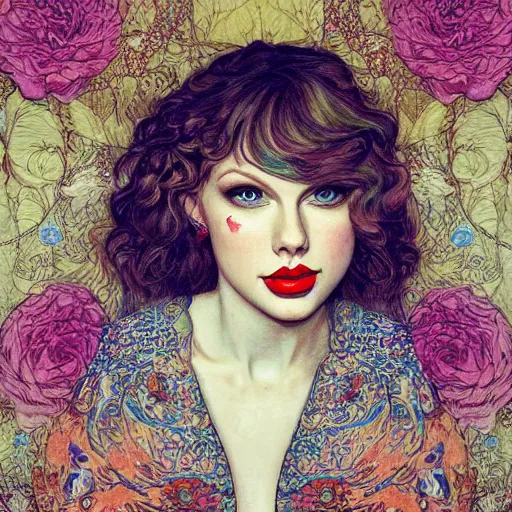 Image similar to romantic painted portrait of taylor swift by james jean!!!, mucha, klimt