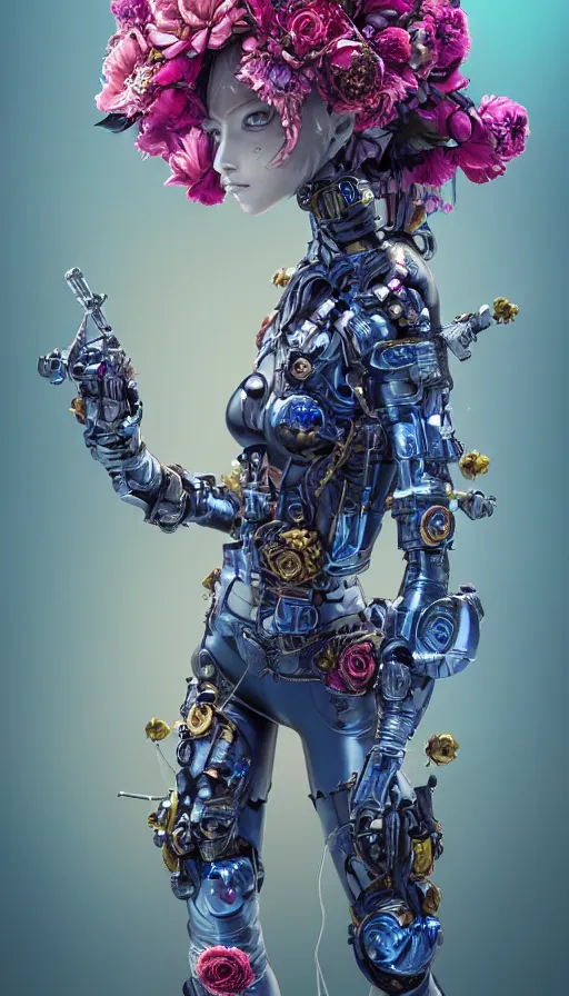 Image similar to full body head to toe portrait of a flowerpunk sci-fi cyborg rogue, third person, D&D, sci-fi fantasy, intricate, blue and gold, daisy and rose and peony, highly detailed, art by Range Murata, highly detailed, 3d, octane render, bright colors, digital painting, trending on artstation, sharp focus, illustration style of Stanley Artgerm, dramatic background