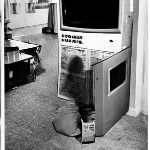 Prompt: “a janitor with an old box tv for a head. The tv is playing static.”