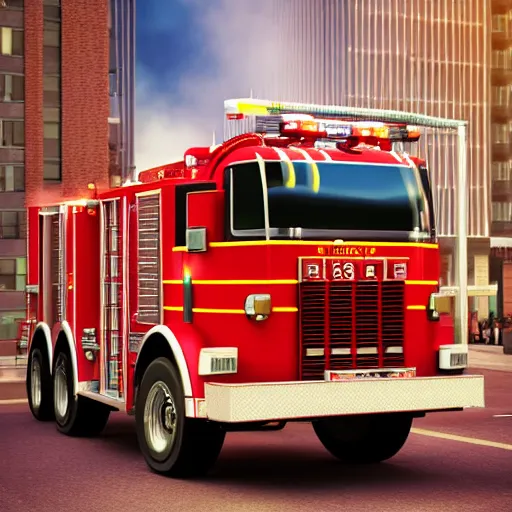 Prompt: octane 3 d render of an fire truck in a city