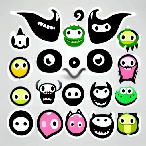 Prompt: cute monster icon set line. kawaii cartoon funny baby character. sticker print template. black silhouette. eyes, horn, fang teeth tongue. flat design. white background. vector