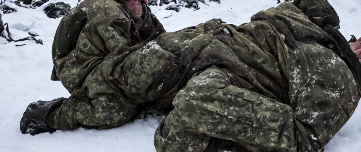Prompt: filmic closeup semi symmetrical dutch angle movie still 4k UHD 35mm film color photograph of a man wearing military camo kneeling in the snow trying to hold in his internal organs that are spilling out after being eviscerated, his wound is gushing blood onto the snow at night time, dimly lit antarctica