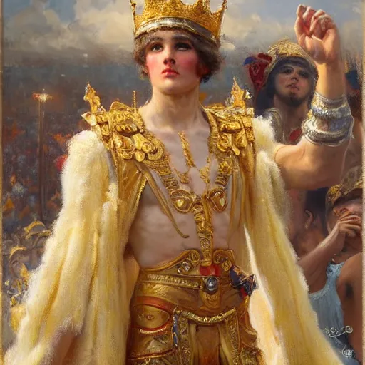 Image similar to a young man wearing a golden crown after overcoming his fear or death, standing above a cheering crowd, highly detailed painting by gaston bussiere and j. c. leyendecker 8 k