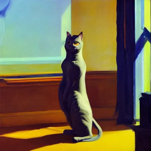 Image similar to a futuristic robotic cat wearing a hat, a highly detailed edward hopper painting, by adrian ghenie and gerhard richter. art by sorolla. masterpiece, flat surreal design with deep colours. 8 k. artstation