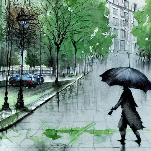 Prompt: pen and paper with watercolor matte art painting of a beautiful green park in the middle of a modern old town city by banksy, carne griffiths and monet. Street photography. rainy day.