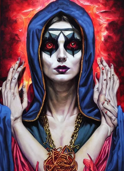 Image similar to tripping cult magic psychic woman, subjective consciousness psychedelic, epic occult ritual symbolism story iconic, dark robed witch, oil painting, robe, symmetrical face, greek dark myth, by Sandra Chevrier, Anna Dittman, masterpiece