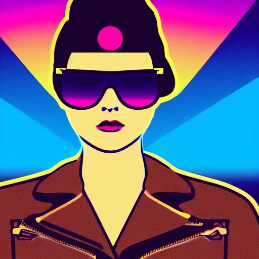 Image similar to a woman with light blue shutter shades in front of a sunset, a dark brown leather jacket, vector art by jan tengnagel, pixabay contest winner, retrofuturism, retrowave, synthwave, outrun, portrait,