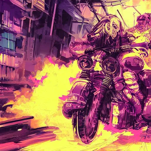 Image similar to portrait painting of a street samurai with long purple hair riding a motorcycle through a burning cyberpunk slum, glitch, concept art, intricate details, eerie, highly detailed, art by tsutomu nihei