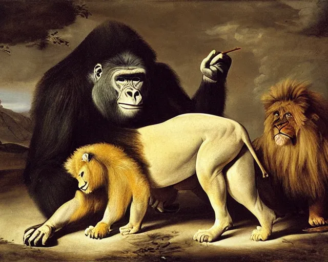 Image similar to gorilla and lion by pieter claesz