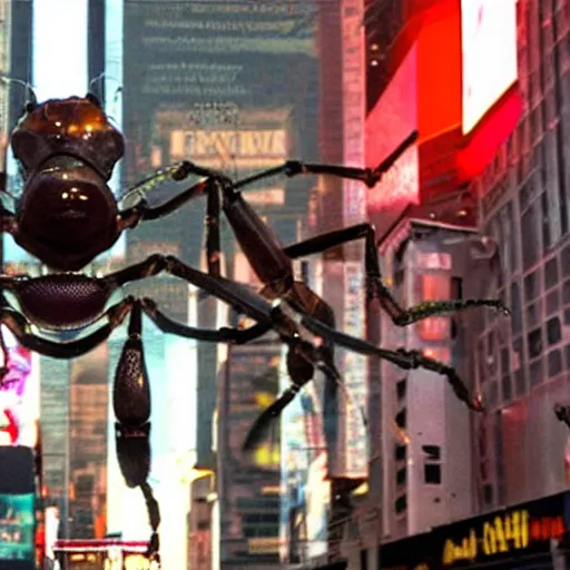Image similar to looking up at a huge cyborg ant in times square, movie still