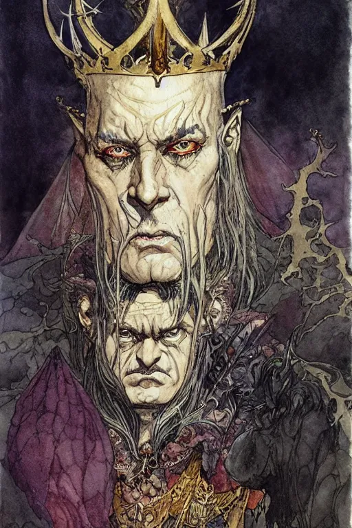 Image similar to a realistic and atmospheric watercolour fantasy character concept art full body portrait of an evil king with a black crown looking at the camera with an intense gaze by rebecca guay, michael kaluta, charles vess and jean moebius giraud