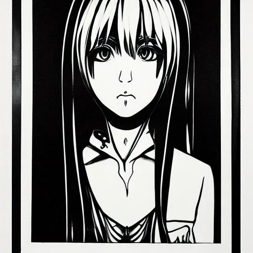 Image similar to A monochrome, symmetrical, police sketch of the face of Hatsune Miku, 1980s, drawn on paper