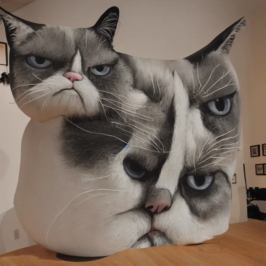 Prompt: beautiful gallery show studio photograph of a giant realistic curvy ceramic sculpture of grumpy cat!!!!!, glazed by bridget riley and victor vasarely, placed on a polished wooden table, colorful hyperrealism 8 k trending on artstation