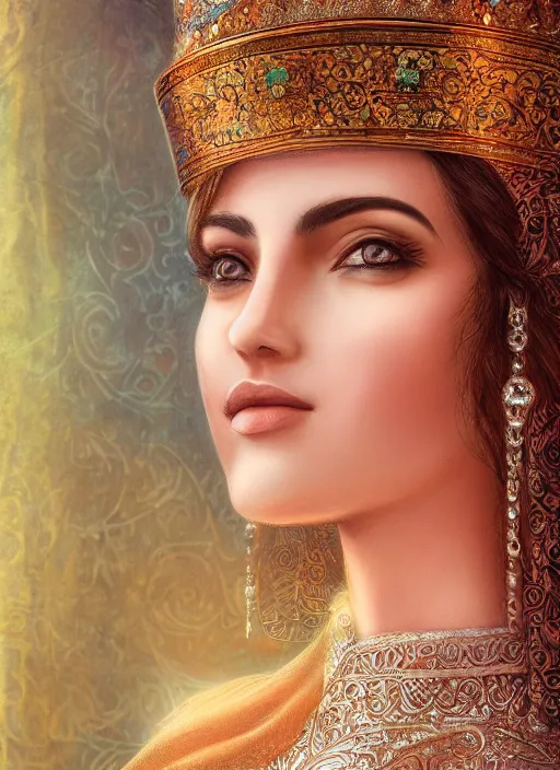 Prompt: beautiful close up portrait of a young Persian queen in Ancient Persia standing on the balcony of a palace, soft sunlight hitting face, realistic, digital art, 4k