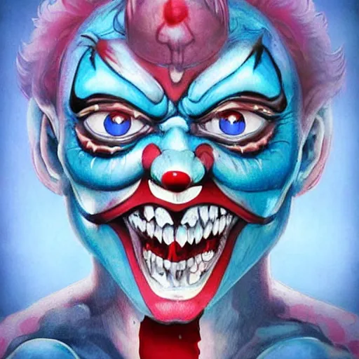 Image similar to 4K headshot of godlike clown with blue skin defined arms and open hands and bloody clothes with giant mandala wings , intricate clown face make-up , flawless anime cel animation by Kentaro Miura, psychedelic , highly detailed upper body , professionally post-processed , beautiful, scary, symmetry accurate features, epic, octane rendered, anime masterpiece, accurate