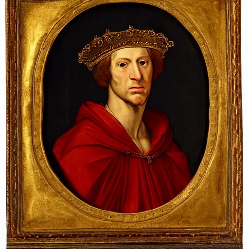 Prompt: a renaissance style portrait of Camelus dromedarius wearing a crown and a cape, dark background