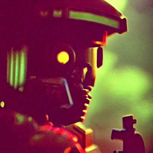 Image similar to close up kodak portra 4 0 0 photograph of a space marine after the battle standing in dark forest, m, moody lighting, telephoto, 9 0 s vibe, blurry background, vaporwave colors, faded!,