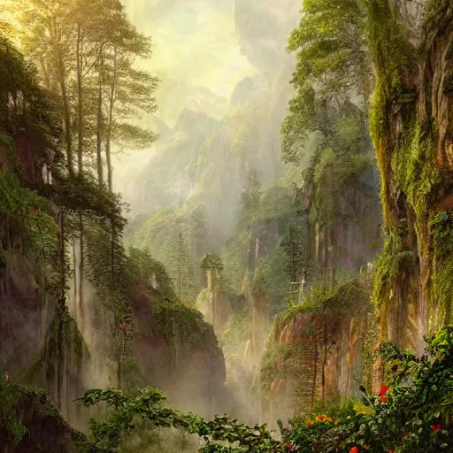 Image similar to a beautiful and highly detailed matte painting of a fantasy floral garden in a fantastic forest in the lush valley high in the most epic mountains ever, intricate details, epic scale, insanely complex, 8 k, sharp focus, hyperrealism, very realistic, by caspar friedrich, greg rutowski, james gurney