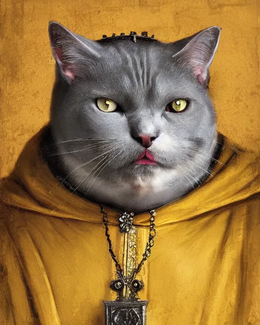 Prompt: fat gray cat with yellow eyes dressed like henry viii, tudor period menswear, colorful, hans holbein the younger, greg rutkowski, royal portrait, painting