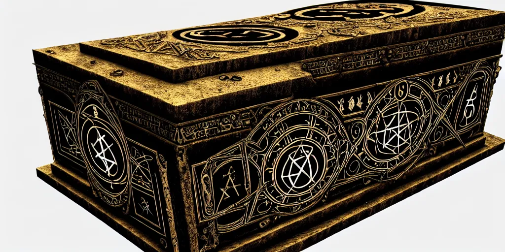 Image similar to an ancient ornate intricate old spell satanic coffin with the sigil symbol of evil emblazoned on the cover, cinematic, realistic, intricate detail, finely detailed, small details, extra detail, photorealistic, high resolution, 3 d, pbr, path tracing, volumetric lighting, octane render, arnold render, 8 k