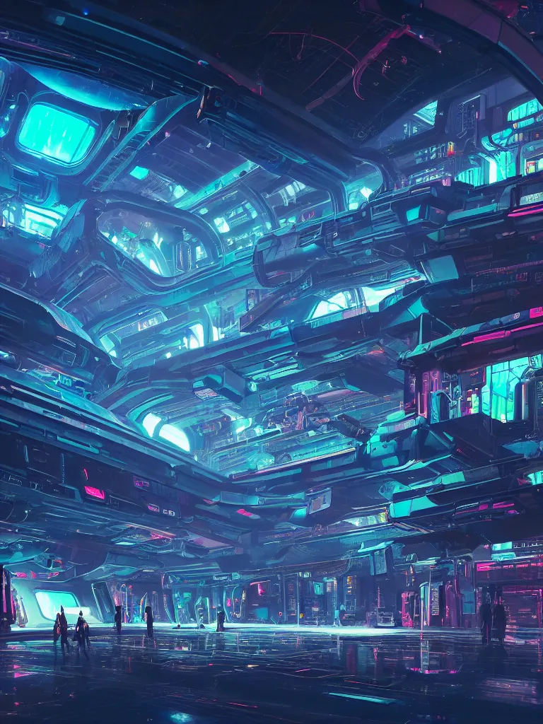 Image similar to the interior of a celestial spaceship cyberpunk hangar in a bioluminescent walls decorated beautifully, lots of cyberpunk design elements like humanoids and mecha robots, warm sunlight shining in, lots of cables and neon signs, concept art 8 k resolution, fantasy illustration, sharp focus, detailed painting, deep color, volumetric lighting, crepuscular rays