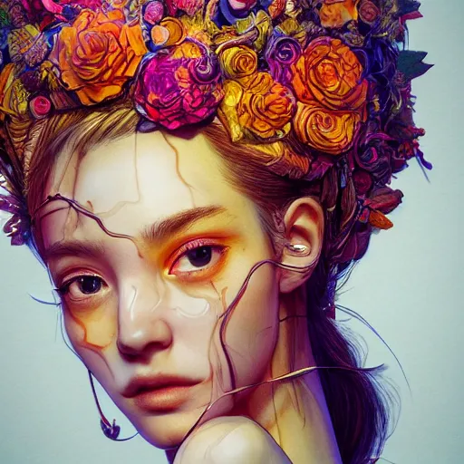 Image similar to the portrait of an absurdly beautiful, graceful, elegant young woman made of bananas and petals, an ultrafine detailed illustration by kim jung gi, irakli nadar, intricate linework, bright colors, octopath traveler, final fantasy, angular, unreal engine 5 highly rendered, global illumination, radiant light, detailed and intricate environment