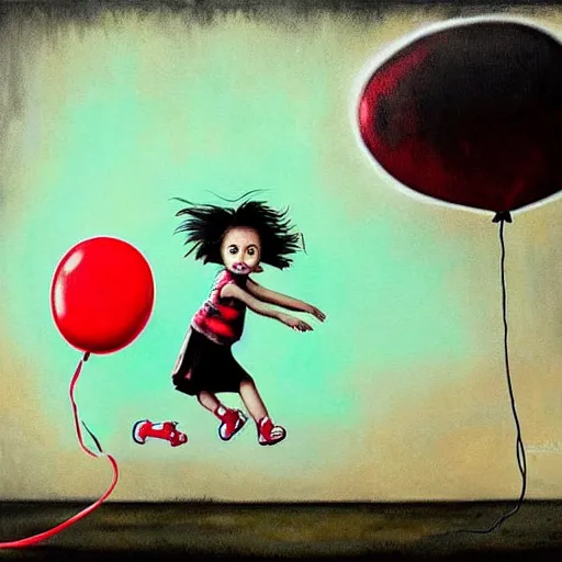 Image similar to grunge cartoon painting of a little girl playing with a jump rope with a wide smile and a red balloon by chris leib, loony toons style, pennywise style, horror theme, detailed, elegant, intricate