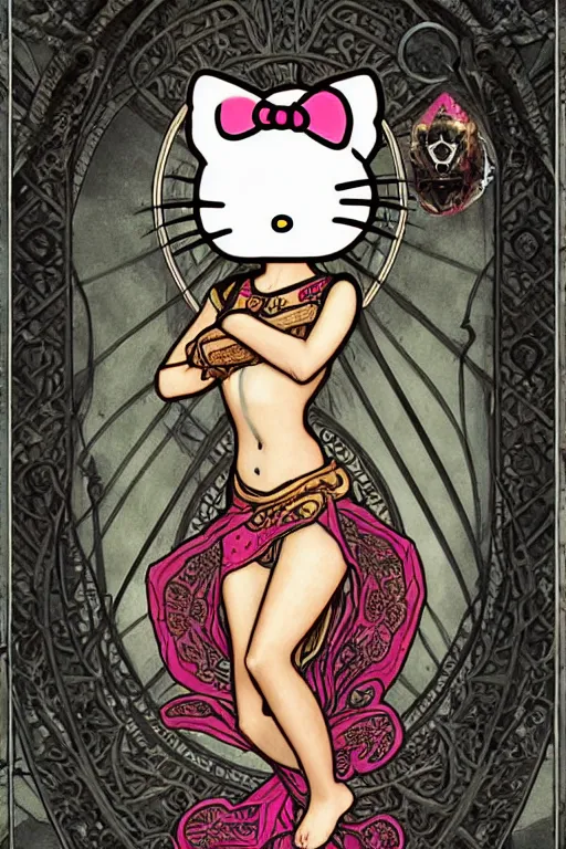 Image similar to Death tarot card design portraying Hello Kitty in ancient Java style, D&D, MtG art,fantasy, intricate, elegant, highly detailed, digital painting, artstation, concept art, smooth, sharp focus, hyperrealistic,illustration, art by artgerm and greg rutkowski and alphonse mucha