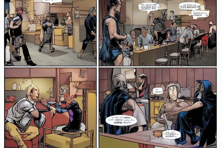 Prompt: Odin and Zeus having a meeting in McDonadls, both of them sitting while waiting and Loki in the background working in the kitchen, as a panel of a Marvel comic