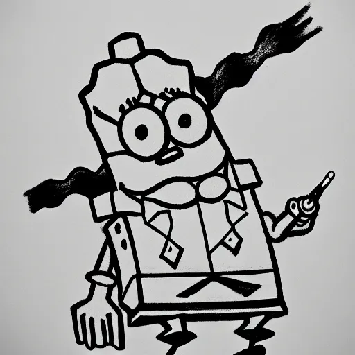 Image similar to crayon drawing of spongebob squarepants holding a kitchen knife