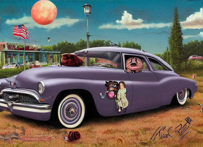 Prompt: americana dream cars, lowbrow, matte painting, 3 - d highly detailed, in the style of mark ryden,