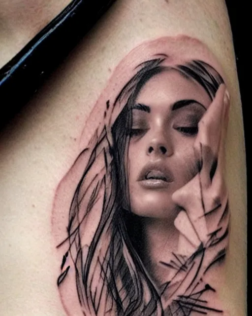 Image similar to creative double exposure effect tattoo design sketch of megan fox faded in beautiful mountain scenery, realism tattoo, in the style of matteo pasqualin, amazing detail, sharp