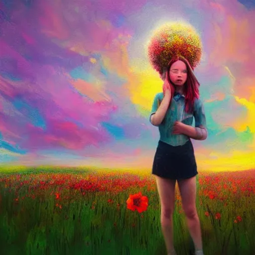 Image similar to girl with an exploding flower for a head, surreal photography, dream, standing in flower field, magical, in a valley, sunrise dramatic light, impressionist painting, colorful clouds, artstation, simon stalenhag, flower face