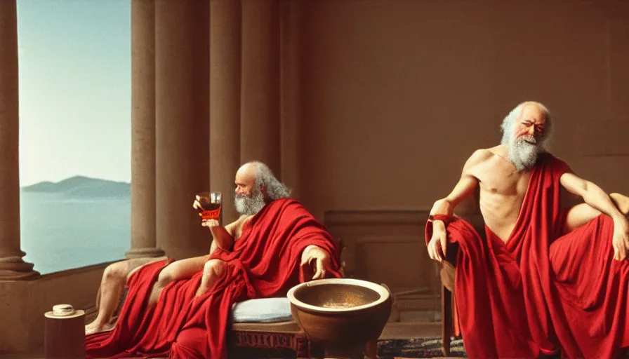 Prompt: 1 9 7 0 s movie still of socrates drinking hemlock in a bowl in a bed with red drapery in a neoclassical room with columns next to a lake, cinestill 8 0 0 t 3 5 mm, high quality, heavy grain, high detail, cinematic composition, dramatic light, anamorphic, ultra wide lens, hyperrealistic