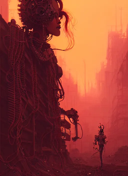 Image similar to highly detailed portrait of wasteland punk long curly fire hair tribal lady, stray wiring by atey ghailan, james gilleard, by joe fenton, by greg rutkowski, by greg tocchini, by kaethe butcher, 4 k resolution, gradient red, orange, black and white color scheme!!! ( ( burning flaming robotic dystopian city background ) )