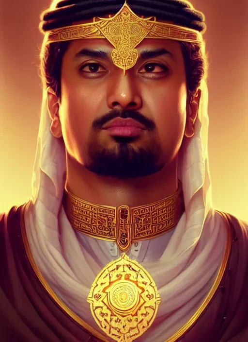 Image similar to king of saudi arabia playing video games, intricate, elegant, highly detailed, my rendition, digital painting, artstation, concept art, smooth, sharp focus, art by artgerm and greg rutkowski and alphonse mucha and uang guangjian and gil elvgren and sachin teng, symmetry!!
