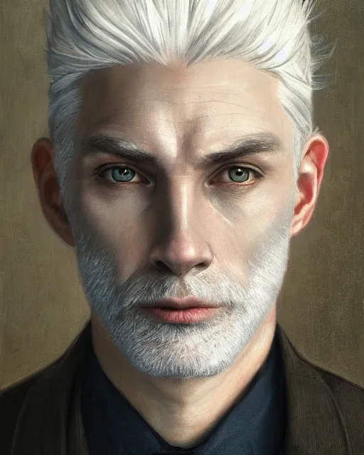 Image similar to portrait of 4 0 - year - old man with white hair with a pale complexion, pointed face and grey eyes, clear smooth face, no beard wearing black suit, hyper realistic face, beautiful eyes, close up, fantasy art, in the style of greg rutkowski, intricate, alphonse mucha, hyper detailed, smooth