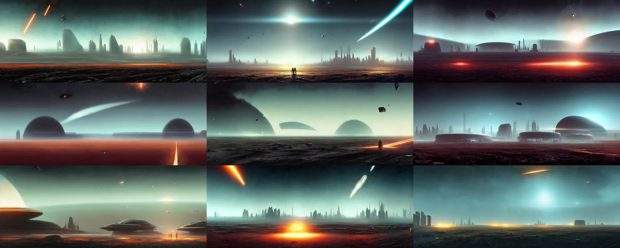 Image similar to a gorgeous bleak and desolate sci - fi painting by john harris, sparth and greg rutkowski. meteorite falling!! tiffany blue, grey orange, white and golden. sci - fi road to epic huge space base, beyond the horizon, future city skyline!! light effect. huge saturn. ultra clear detailed!! 3 d, octane render. 8 k