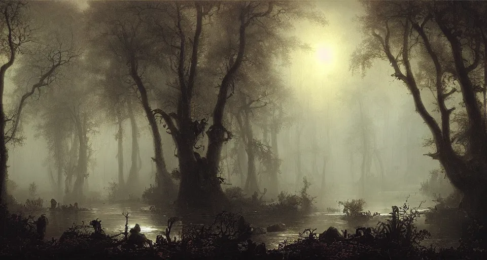 Image similar to A dense and dark enchanted forest with a swamp, by Ivan Aïvazovski,