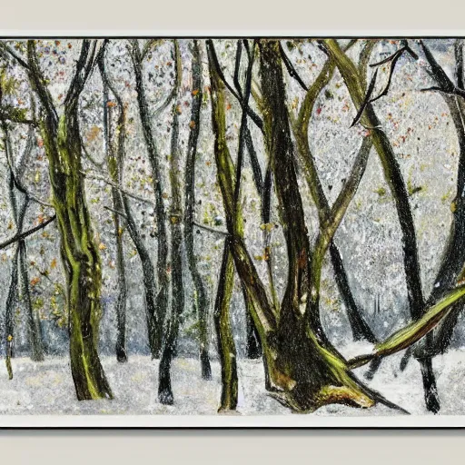 Image similar to lenhadores em uma floresta de arvores secas com pouca neve, pintura de brugel