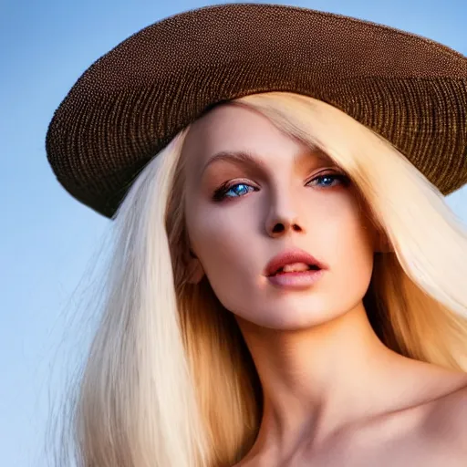 Image similar to a very beautiful still of a beautiful white blonde - haired woman with a pony tail and leaning her hat slightly backwards, golden hour, lascivious look into the camera, front shot very close - up hyper detailed eyes, hyper detailed hair